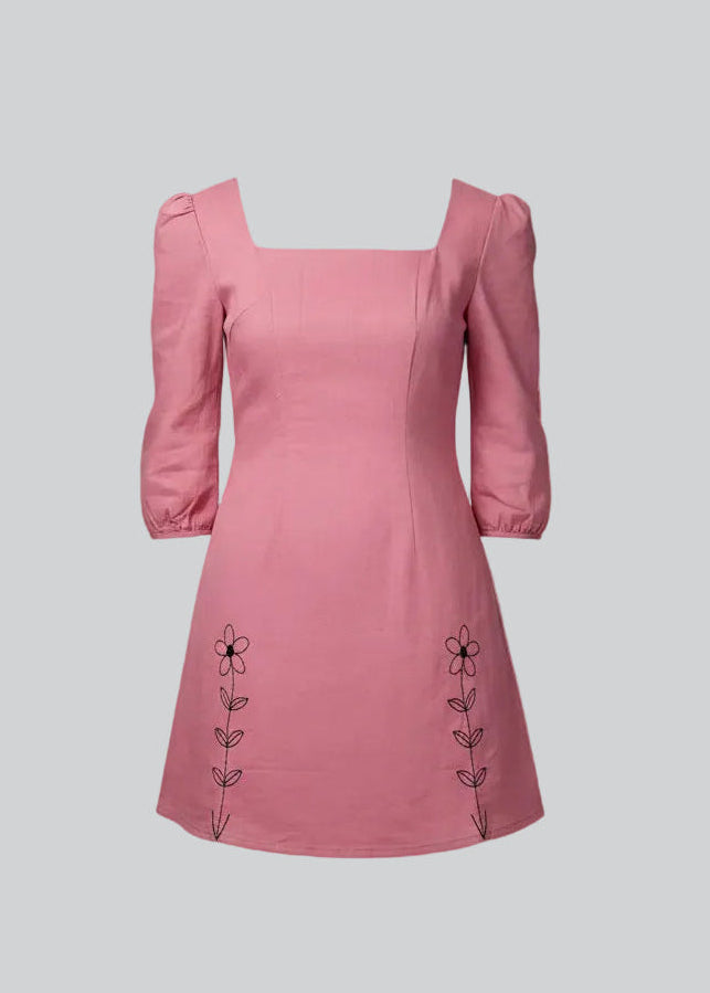 Vibrant Barbie pink sustainable dress with 3/4 sleeves. Front full Ghost Mannequin shot.