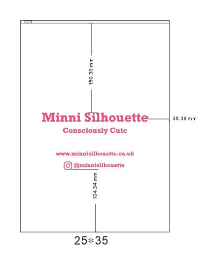 Technical mockup of a semi-translucent frosted garment zipper bag for Minni Silhouette London, sized 25x35cm. The center features pink branding including the Minni Silhouette logo, "Consciously Cute" slogan, website URL, and Instagram handle @minnisilhouette.