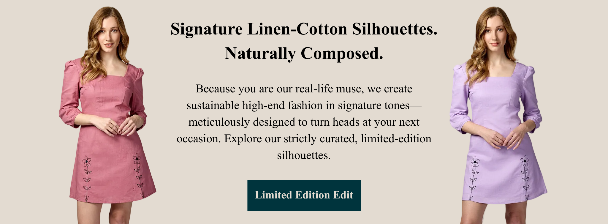 Two women wearing pink and purple dresses with text about signature linen-cotton silhouettes.