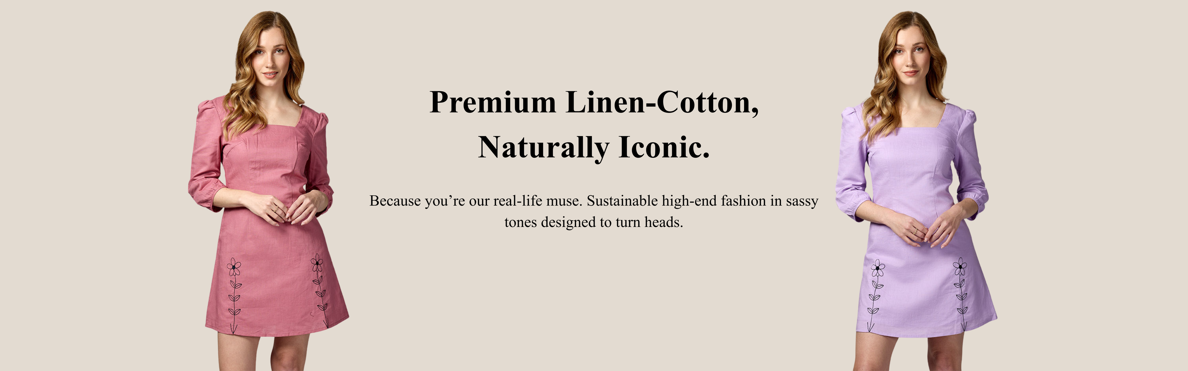 Two women wearing pink and lilac dresses on a beige background with text about premium linen-cotton. Minni Silhouette Website banner