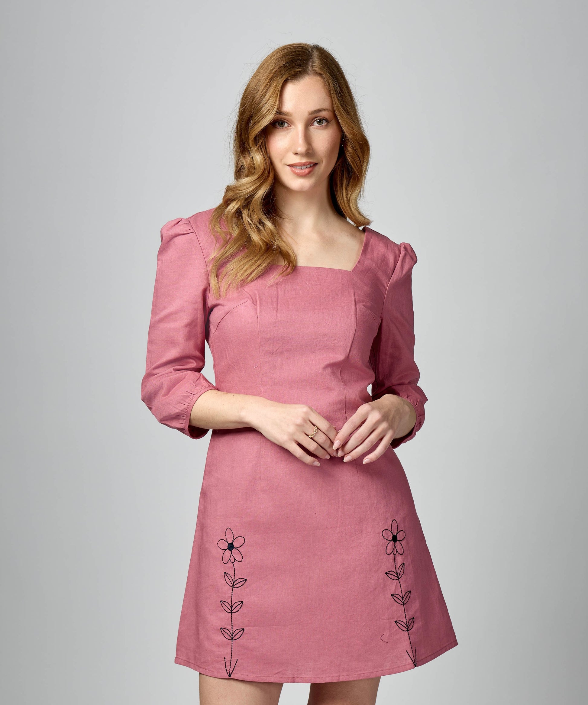 Summer Dress Luxury | Race Day & Garden Party Occasion Wear | Linen-Cotton Blend | Pink Sleeved Mini Dress Minni Silhouette Summer Dress Luxury | Race Day & Garden Party Occasion Wear | Linen-Cotton Blend | Pink Sleeved Mini Dress Minni Silhouette