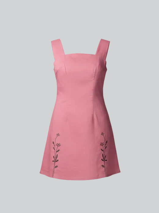 Vibrant Barbie pink sustainable summer dress in luxury linen-cotton. Front full sGhost Mannequin shot.